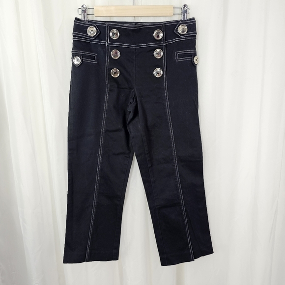 Cache y2k black capri sailor flap pants white stitching large silver buttons 4 - Picture 1 of 9